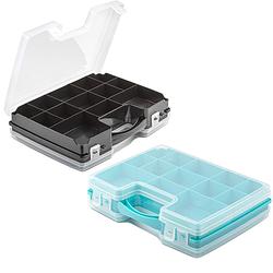 Foto van Forte plastics - 2x opberg vakjes doos/sorteerbox - 21-vaks kunststof - 28 x 21 x 6 cm - zwart/blauw - opbergbox