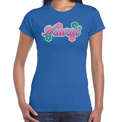 Foto van Hawaii zomer t-shirt blauw met bloemen voor dames xl - feestshirts