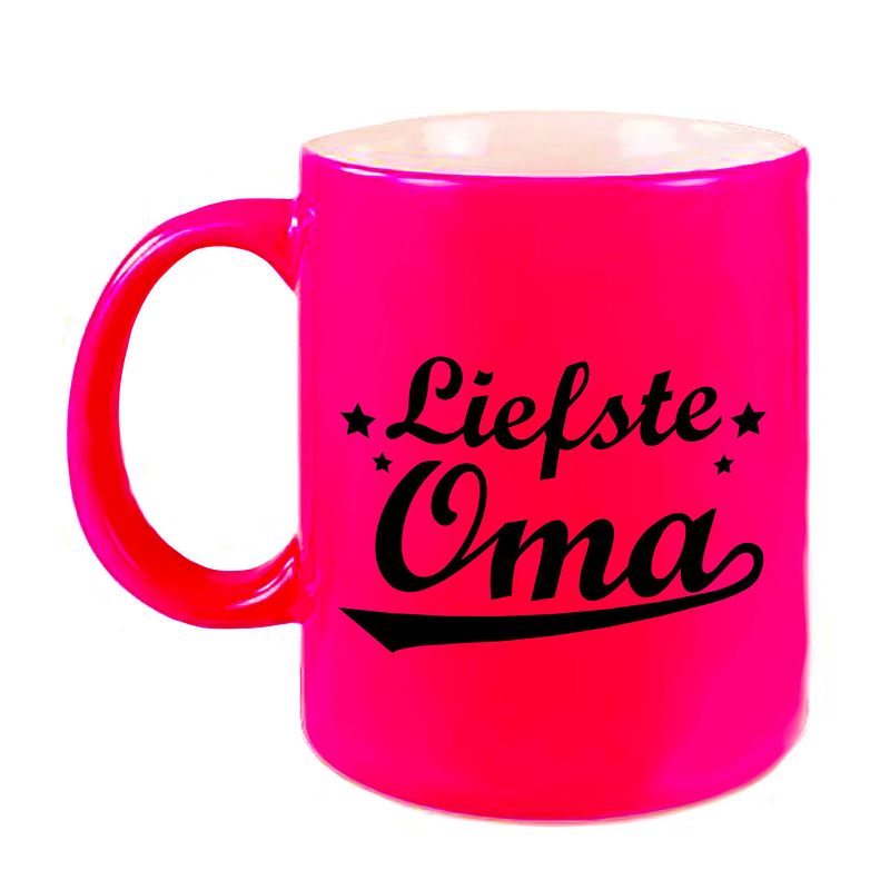 Foto van Liefste oma cadeau mok / beker neon roze met sterren 330 ml - feest mokken