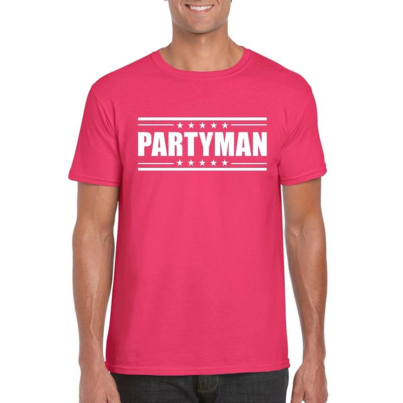 Foto van Fuschsia roze t-shirt heren met tekst partyman l - feestshirts