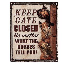 Foto van Clayre & eef tekstbord 20x25 cm bruin beige ijzer paarden keep gate closed wandbord spreuk wandplaat bruin wandbord