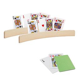 Foto van 2x stuks speelkaarthouders hout 35 cm inclusief 54 speelkaarten groen - speelkaarthouders