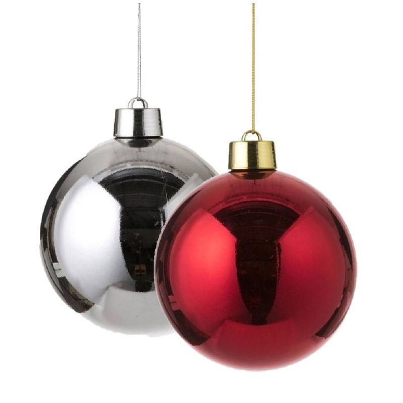 Foto van Kerstversieringen set van 2x grote kunststof kerstballen rood en zilver 20 cm glans - kerstbal