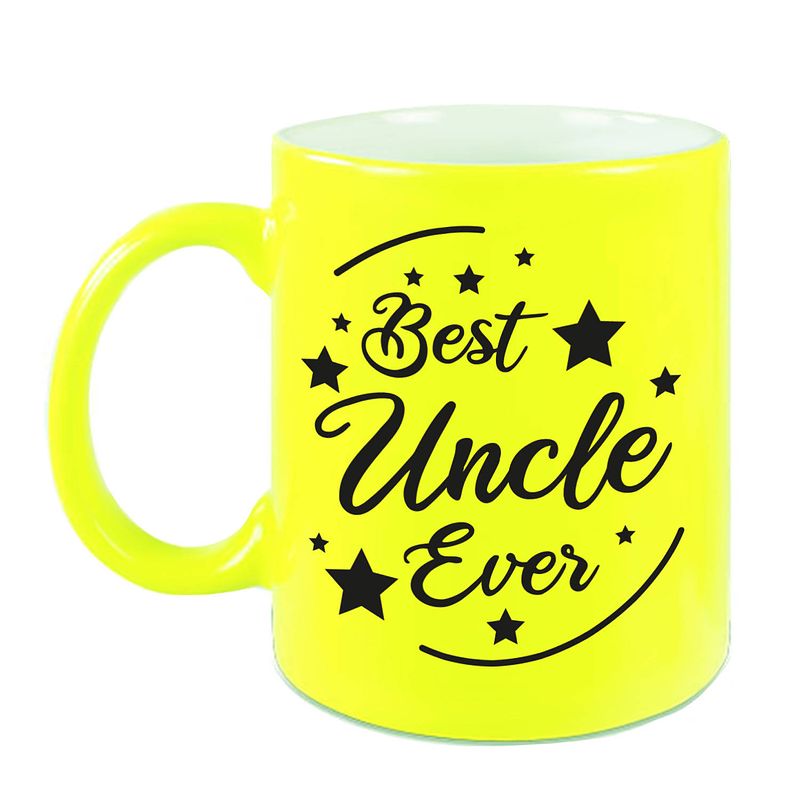 Foto van Best uncle ever cadeau koffiemok / theebeker neon geel 330 ml - feest mokken