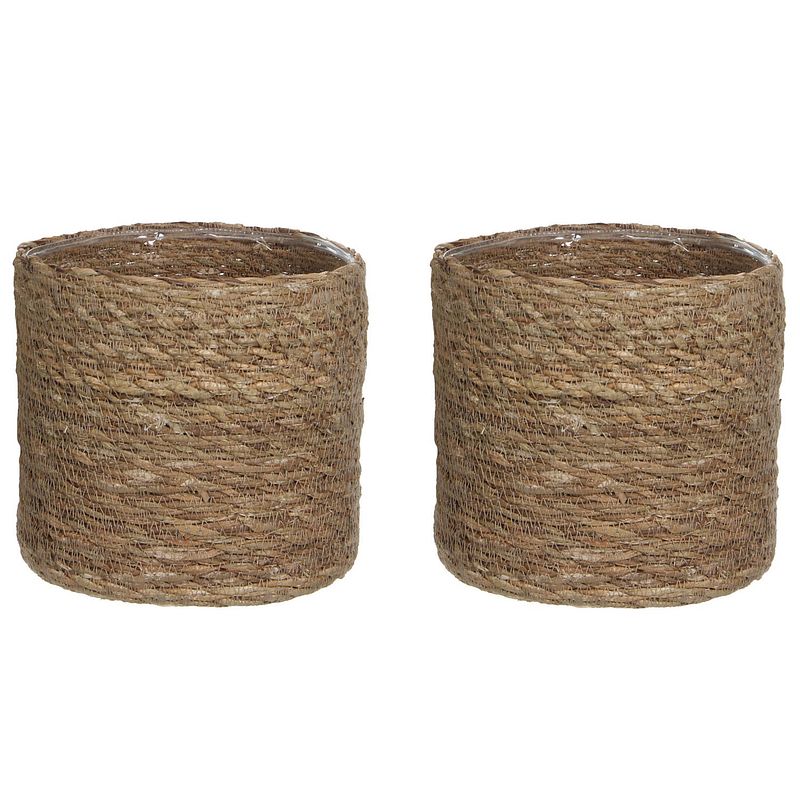 Foto van 2x stuks naturel bruin rotan planten pot mand van gedraaid jute/riet h16 en d16 cm - plantenpotten