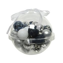 Foto van 30x stuks kleine kunststof kerstballen donkerblauw/wit/zilver 3 cm - kerstbal