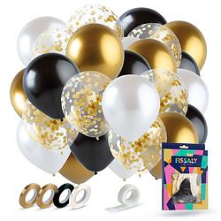 Foto van Fissaly® 40 stuks goud, zwart & wit helium ballonnen met lint - versiering decoratie - papieren confetti - latex