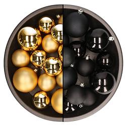 Foto van Kerstversiering kunststof kerstballen mix zwart/goud 4-6-8 cm pakket van 68x stuks - kerstbal