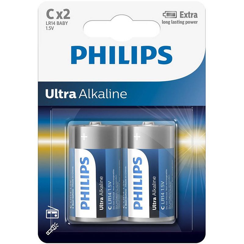 Foto van 2x philips ultra alkaline lr14 c-batterijen 1,5 volt - altijd handig in huis - batterijen