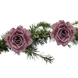 Foto van 2x stuks kerstboom bloemen roos roze glitter op clip 10 cm - kunstbloemen