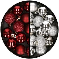 Foto van 34x stuks kunststof kerstballen donkerrood en zilver 3 cm - kerstbal