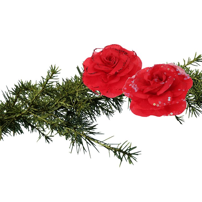 Foto van 2x stuks kerstboom decoratie bloemen rozen rood op clip 9 cm - kersthangers