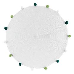 Foto van Orange85 decoratief rond kleed - laagpolig - carpet - 90x90cm - wit - groene pompons - polyester