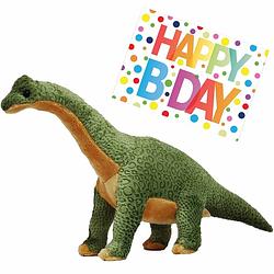 Foto van Pluche knuffel dino brachiosaurus van 43 cm met a5-size happy birthday wenskaart - knuffeldier