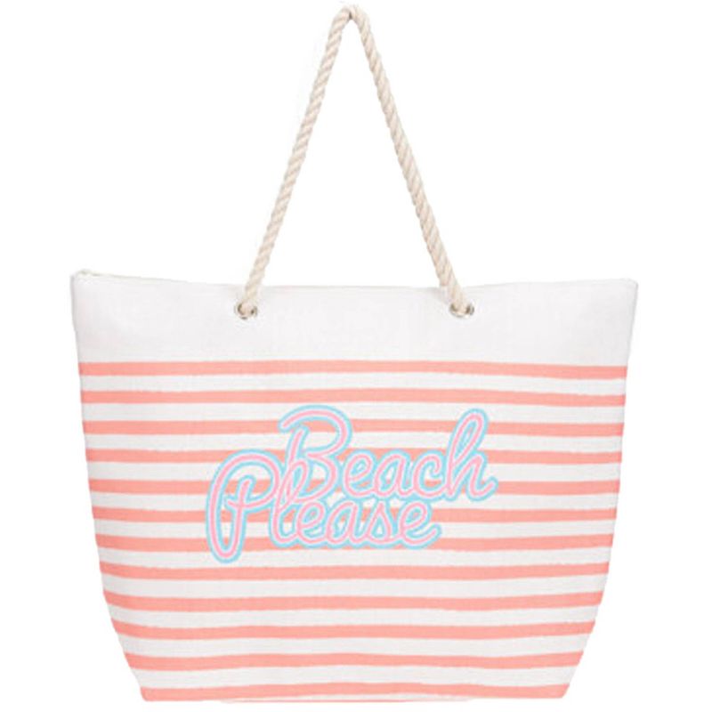 Foto van Strandtas met handvat wit/roze gestreept met beach please print polyester 38 x 39 cm - strandtassen