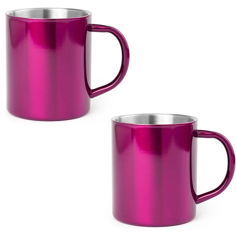 Foto van 2x drinkbekers/mokken fuchsia rvs 280 ml - bekers