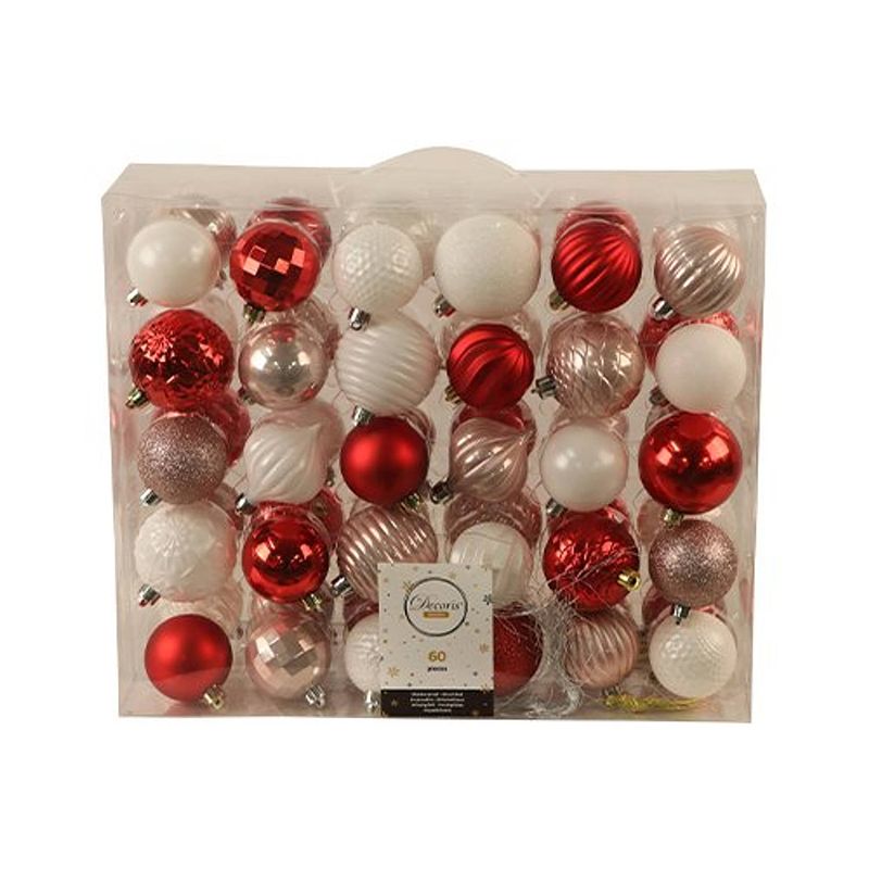 Foto van Kerstballen mix 60 st. - wit/rood/roze