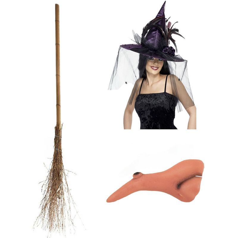 Foto van Smiffys heksen verkleed set voor dames heksenhoed - haakneus - heksenbezem van 110 cm - verkleedhoofddeksels