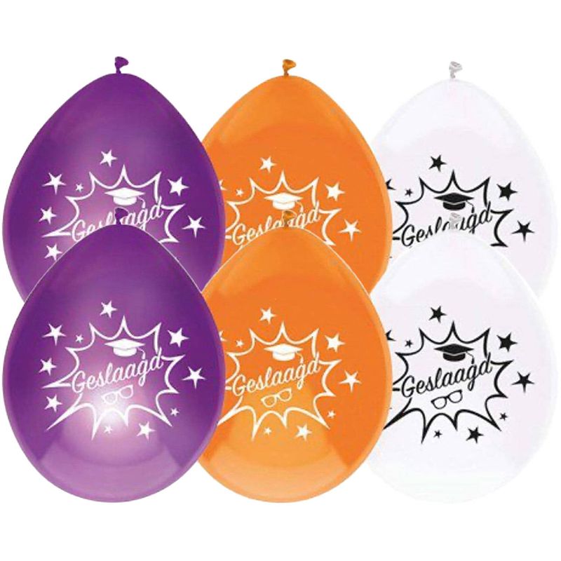Foto van Haza ballonnen geslaagd thema - 24x - oranje/wit/paars - latex - 27 cm - examenfeest versiering - ballonnen
