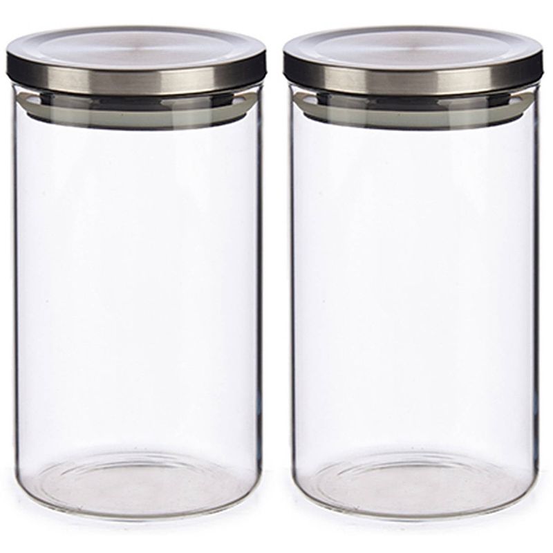 Foto van Set van 2x stuks glazen luxe keuken voorraadpotten/voorraadbussen met deksel zilver 1000 ml - voorraadpot