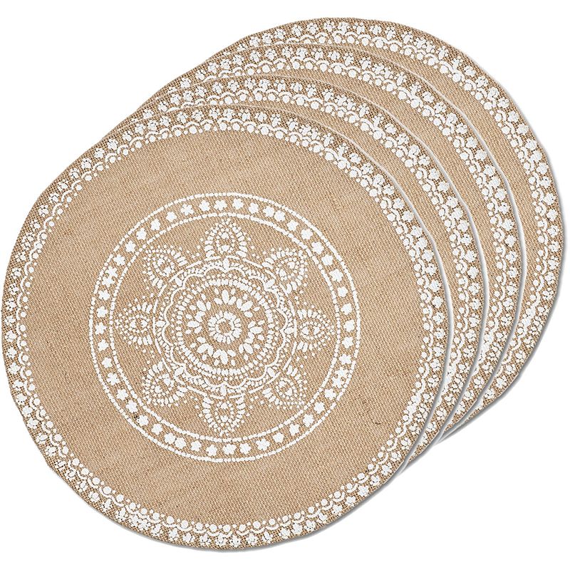 Foto van Placemats met mandala print - 6x - jute look stof - rond - d38 cm - placemats