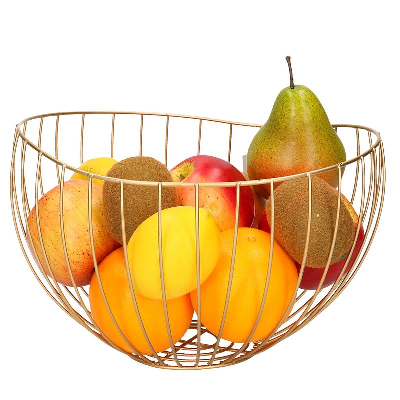 Foto van Metalen fruitmand/fruitschaal goud rond 26 x 17 x 24 cm - fruitschalen