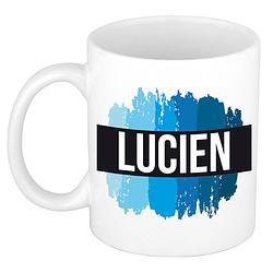 Foto van Naam cadeau mok / beker lucien met blauwe verfstrepen 300 ml - naam mokken