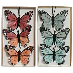 Foto van 6x stuks decoratie vlinders op draad - blauw - rood - 6 cm - hobbydecoratieobject