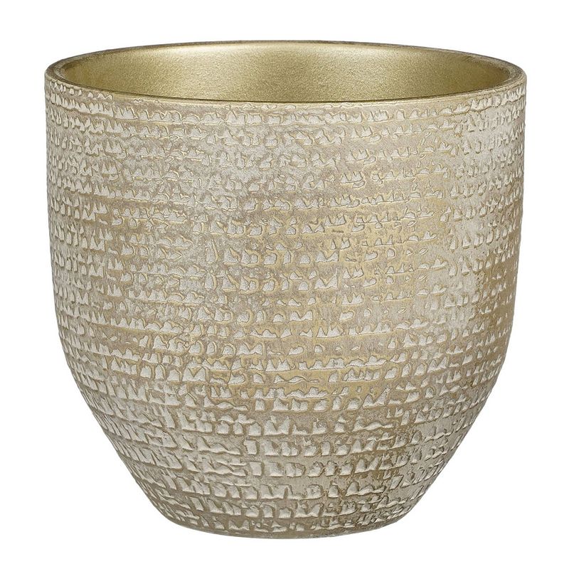 Foto van Plantenpot/bloempot carrie terracotta champagne met flakes patroon - d20/h18 cm - plantenpotten