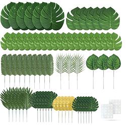 Foto van Fissaly® 72 stuks tropische bladeren decoratie met lint - kunst blad - verjaardag jungle versiering - groen & goud