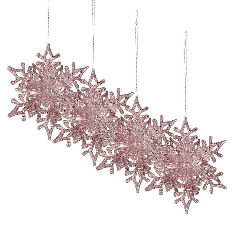 Foto van Christmas decoration kersthangers sneeuwvlokken 4x -roze -11,5 cm - kersthangers