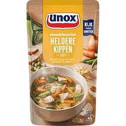 Foto van 2 zakken soep a 570 ml, pakken cupasoup a 3 stuks of single verpakkingen noodles of pasta | unox smaakfavoriet soep in zak heldere kippen 570ml aanbieding bij jumbo