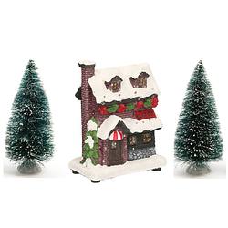 Foto van Kerstdorp verlicht kersthuisje bakkerij 12 cm inclusief 2 kerstboompjes - kerstdorpen