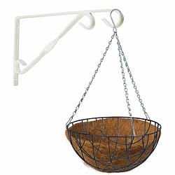 Foto van Hanging basket met klassieke muurhaak wit en kokos inlegvel - metaal - complete hanging basket set - plantenbakken