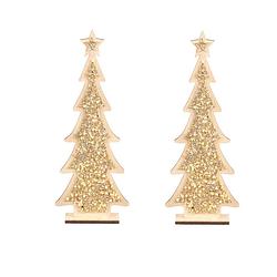 Foto van 2x stuks kerstdecoratie houten kerstboom glitter goud 35,5 cm decoratie kerstbomen - kunstkerstboom
