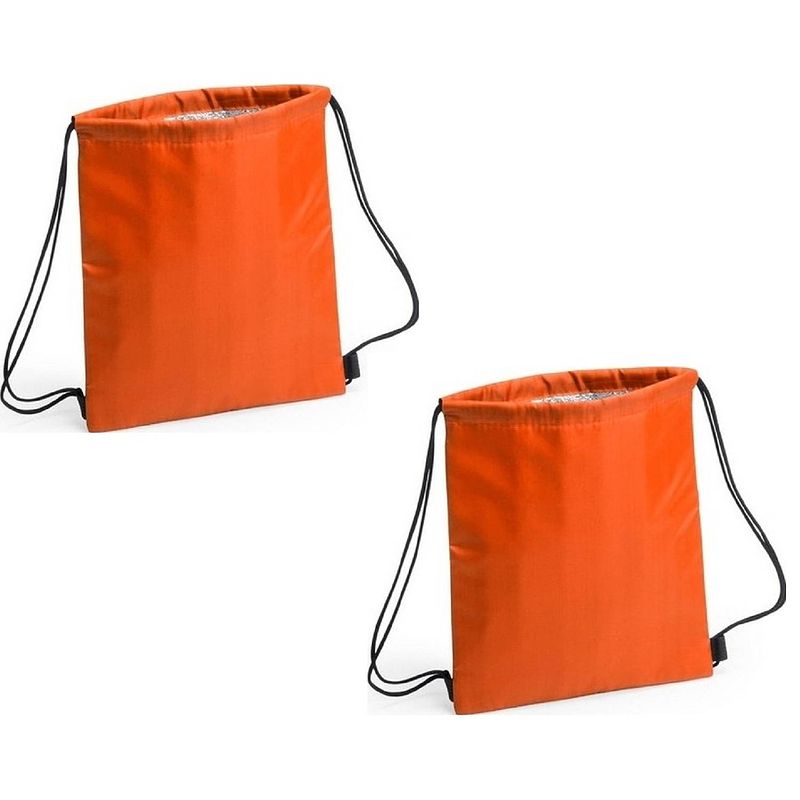 Foto van Set van 2x stuks oranje koeltas rugzak/gymtas 27 x 33 cm met drawstring/rijgkoord - koeltas