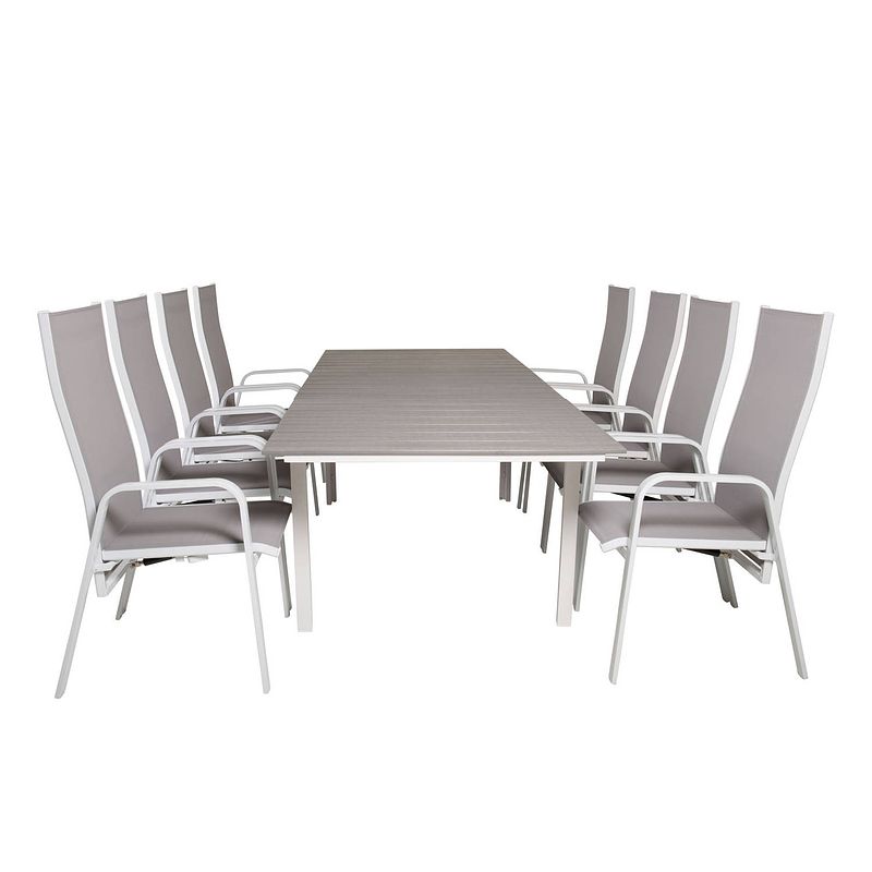 Foto van Levels tuinmeubelset tafel 100x160/240cm en 8 stoel copacabana wit, grijs.