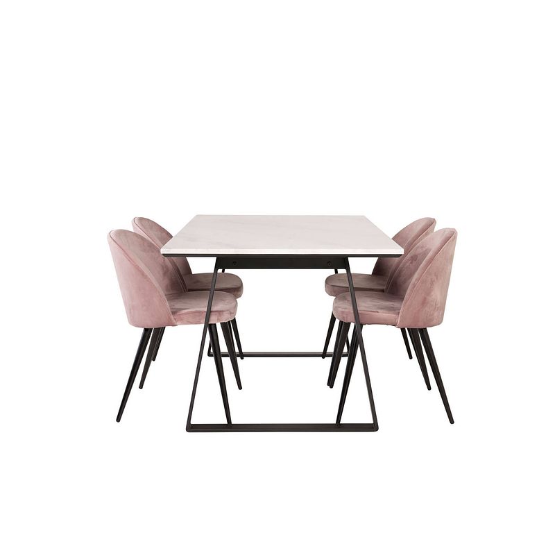 Foto van Estelle eethoek eetkamertafel marmer wit en 4 velvet eetkamerstal velours roze, zwart.