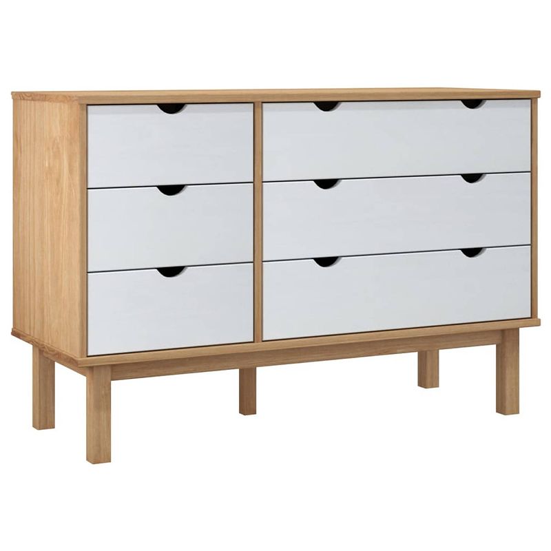 Foto van The living store otta houten ladekast - 111 x 42 x 73.5 cm - massief grenenhout - 6 lades - bruin en wit