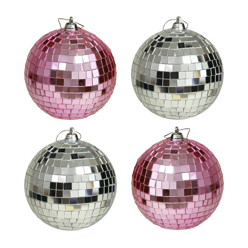 Foto van Kerstballen disco - 4x st - roze en zilver - 10 cm - kunststof - kerstbal