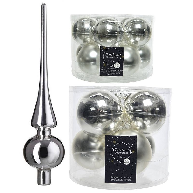 Foto van Glazen kerstballen pakket zilver glans/mat 32x stuks inclusief piek glans - kerstbal