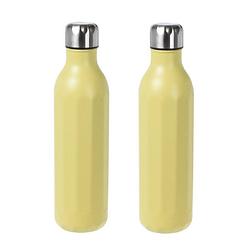 Foto van 2x stuks rvs thermosflessen / isoleerflessen voor onderweg 500 ml pastel geel - thermosflessen