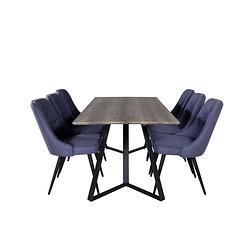 Foto van Marinagrbl eethoek eetkamertafel el hout decor grijs en 6 velvet deluxe eetkamerstal blauw, zwart.