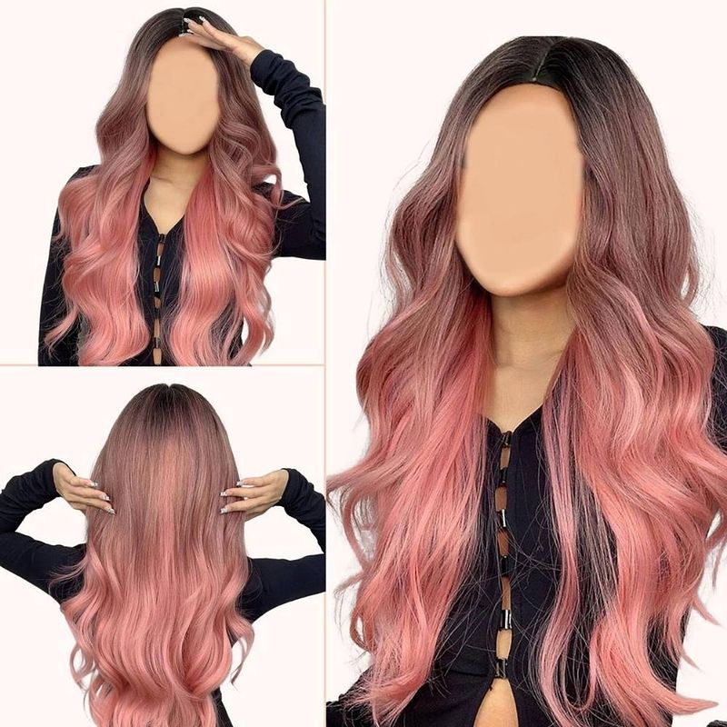 Foto van Homezie pruik - roze - lang golvend haar - balayage - pruiken dames - pruiken - wasbaar - kambaar - hoge kwaliteit