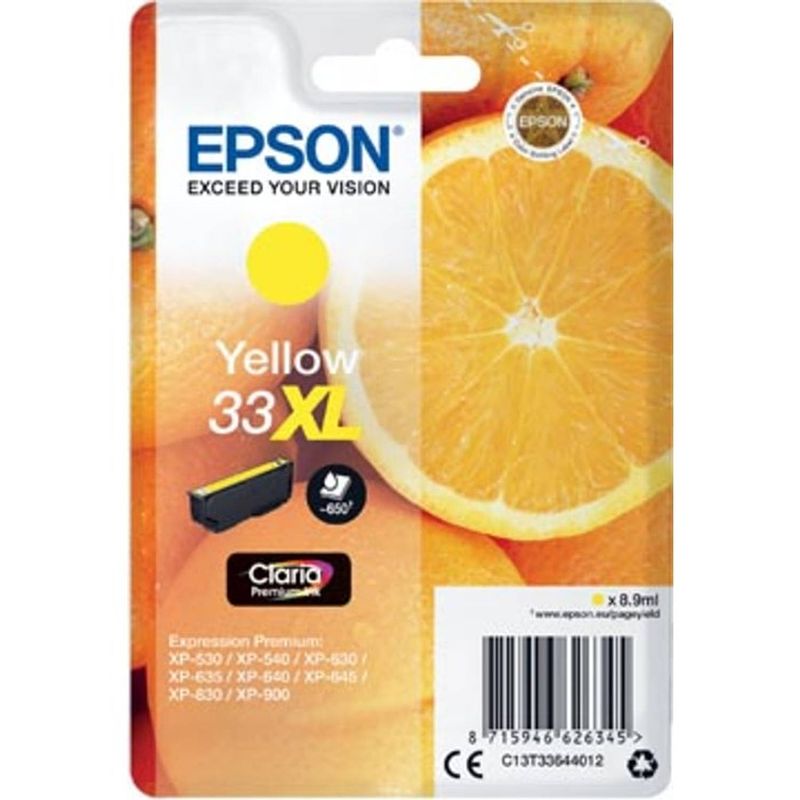 Foto van Epson inktcartridge 33xl geel, 650 pagina's - oem: c13t33644012