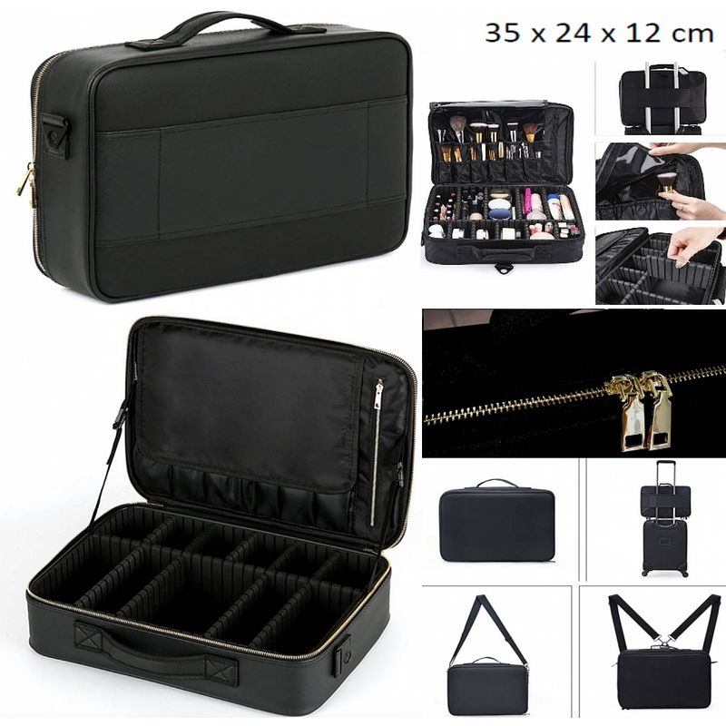 Foto van Make up cosmetica tas - beauty case - pu leer - goudkleurige rits en sluiting - standaard 35 x 24 x 12 cm