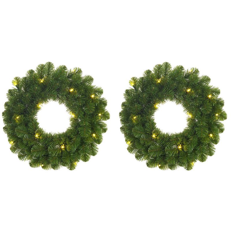 Foto van Set van 2x stuks groene kerstkransen met verlichting 30 led lampjes 60 cm - kerstkransen