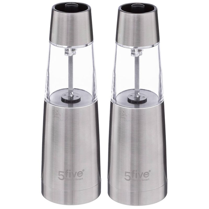 Foto van Set van 2x stuks electrische pepermolens rvs/glas zilver 19 cm - peper en zoutstel