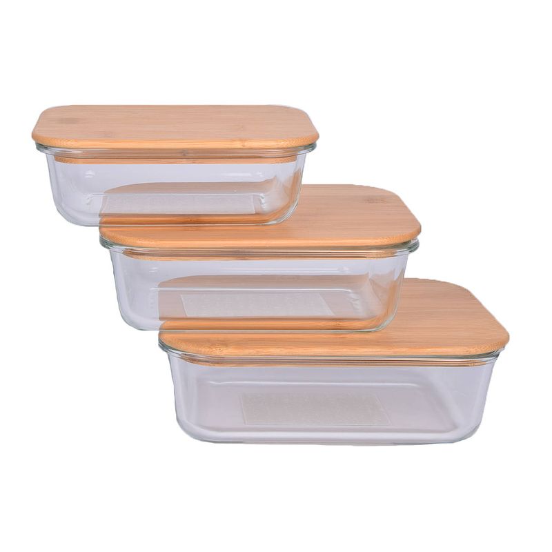 Foto van Broodtrommel 750 ml lunchbox met deksel vershoudbakjes borosilicaat glas en bamboo saladekom geschikt voor