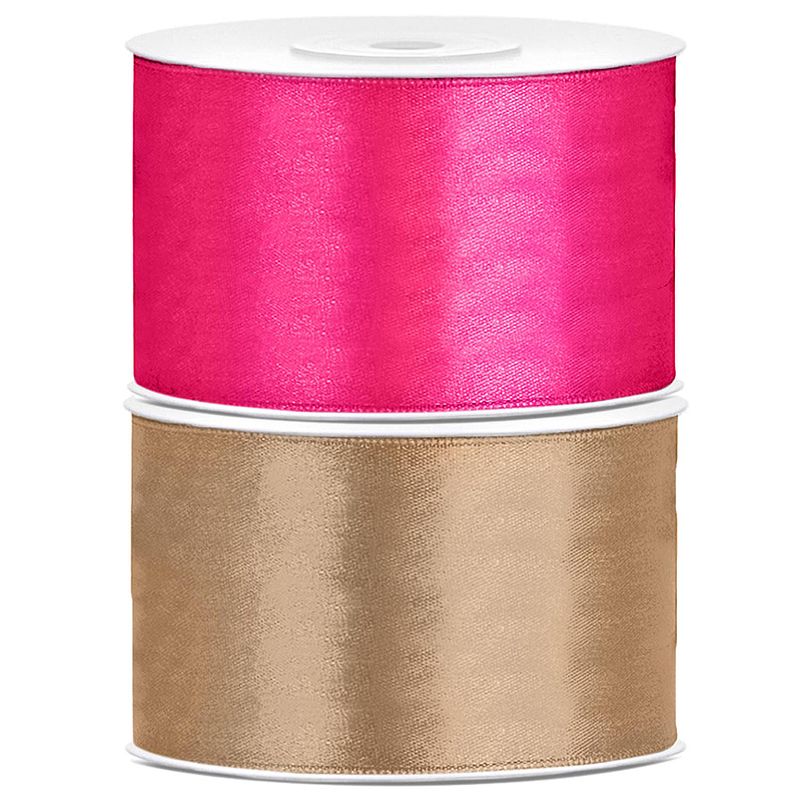 Foto van Set van 2 stuks sierlinten/cadeaulinten/satijnen linten goud en roze 38 mm x 25 meter - cadeaulinten